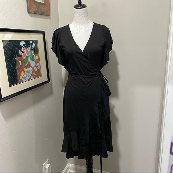 Banana Republic Black Wrap Dress Size Small Petite Asymmetrical Hem Ruffle Tiers - Picture 3 of 9